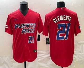 Mens Puerto Rico Baseball #21 Roberto Clemente Number 2023 Red World Classic Stitched Jersey->2023 world baseball classic->MLB Jersey